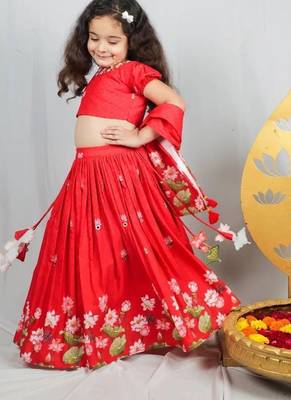 Red printed & embroidered lehenga set for girls 2