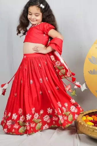 Red printed & embroidered lehenga set for girls