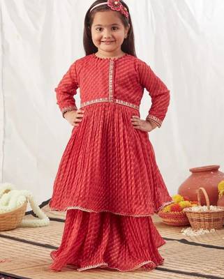 Red leheriya print lehenga with top for girls 1