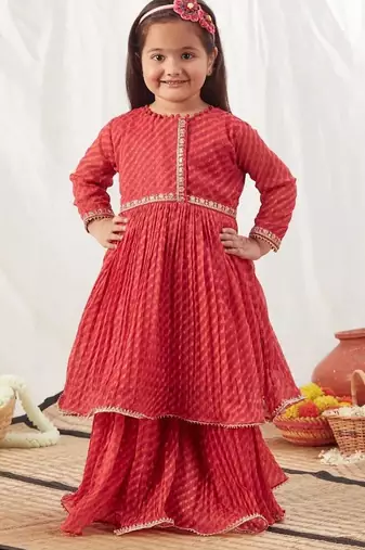 Red leheriya print lehenga with top for girls