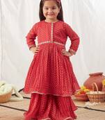 Red leheriya print lehenga with top for girls