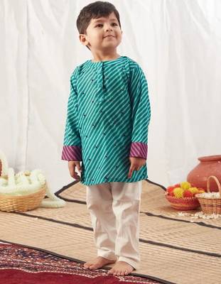 Turquoise leheriya short kurta set 1