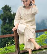 Off White Embroidered Cotton Kurta and Pant Set