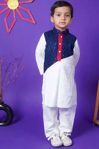 Blue and White Embroidery full sleeve cotton Kurta White Pant for kids