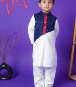 Blue and White Embroidery full sleeve cotton Kurta White Pant for kids