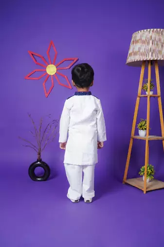 Blue and White Embroidery full sleeve cotton Kurta White Pant for kids