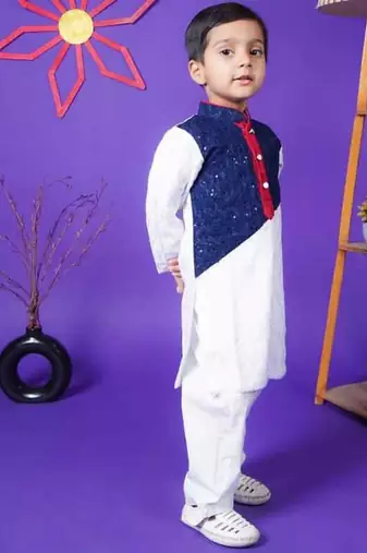 Blue and White Embroidery full sleeve cotton Kurta White Pant for kids