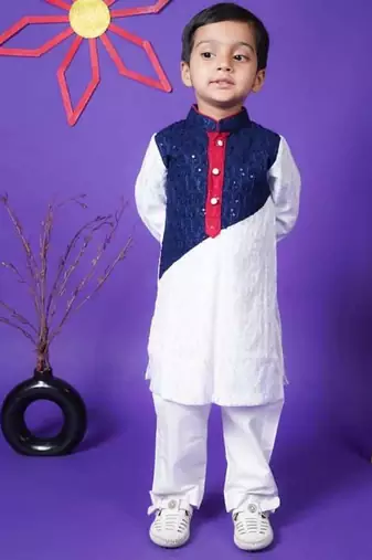 Blue and White Embroidery full sleeve cotton Kurta White Pant for kids
