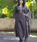 Dark Grey Embroidered Cotton Suit Set