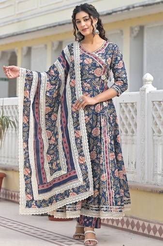 Ishika navy premium cotton anarkali suit set
