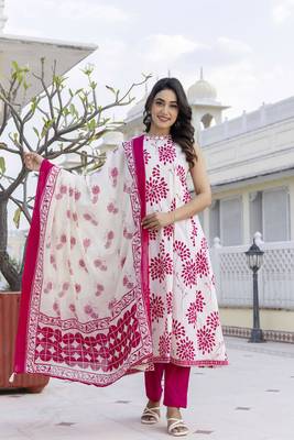 White Printed cotton suit set 3