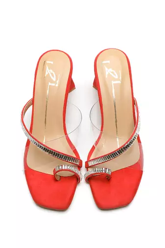Red suede block heels