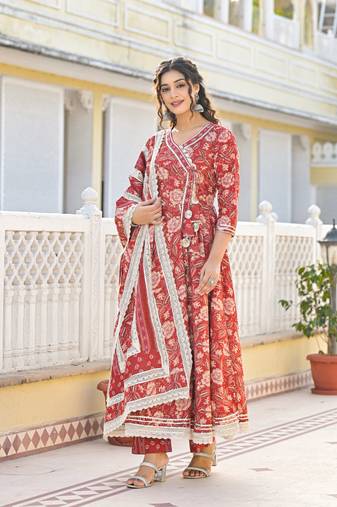 Ishika crimson premium cotton anarkali suit set