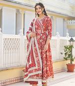 Ishika crimson premium cotton anarkali suit set