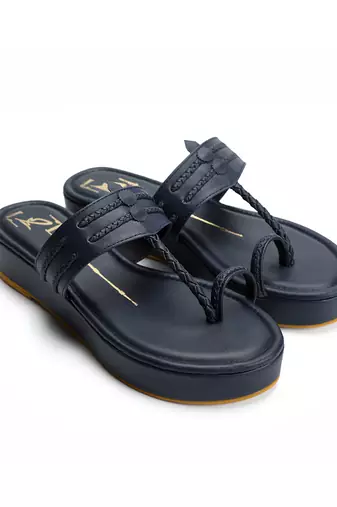 Navy blue leather platform wedge