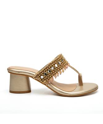 Gold leather finish Embroidered block Kolhapuri Upper heels 1