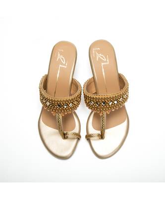 Gold leather finish Embroidered block Kolhapuri Upper heels 2