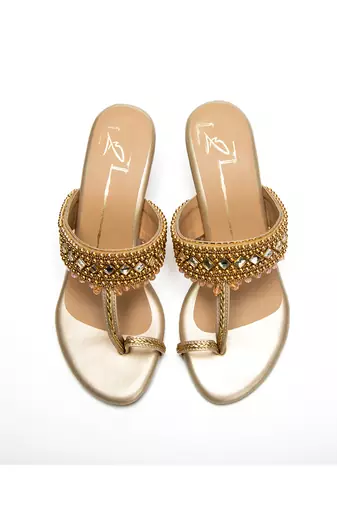 Gold leather finish Embroidered block Kolhapuri Upper heels