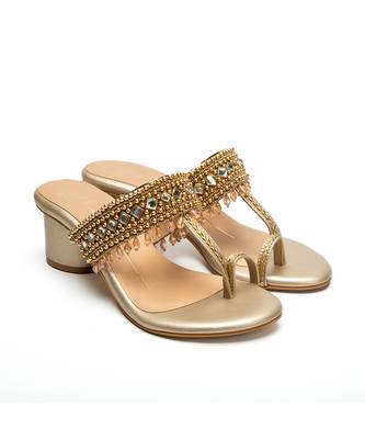 Gold leather finish Embroidered block Kolhapuri Upper heels 3
