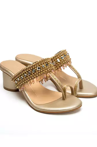 Gold leather finish Embroidered block Kolhapuri Upper heels