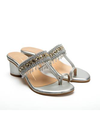 Silver leather finish block heels 1