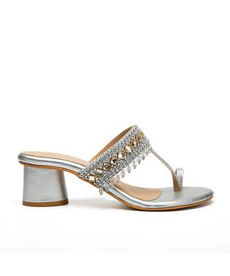 Silver leather finish block heels 2