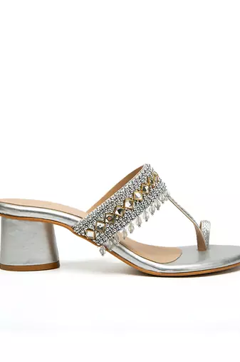 Silver leather finish block heels