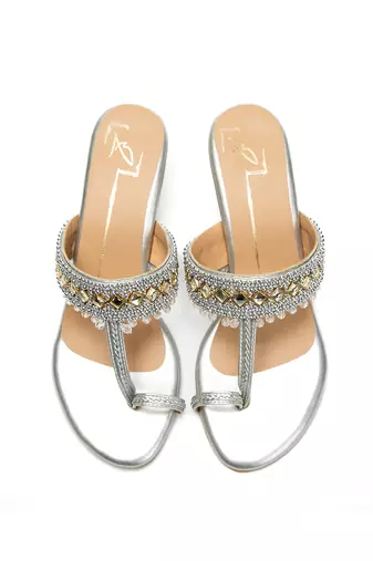 Silver leather finish block heels