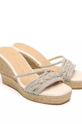 Beige leather finish wedges