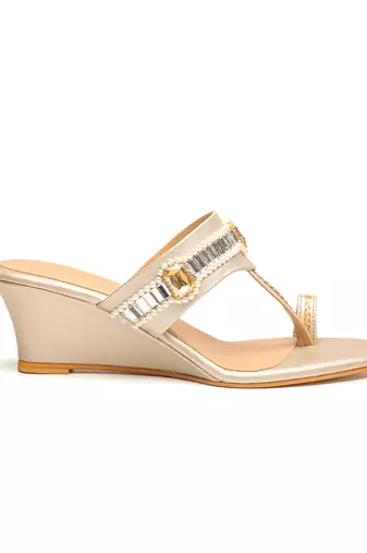 Gold faux leather finish wedges
