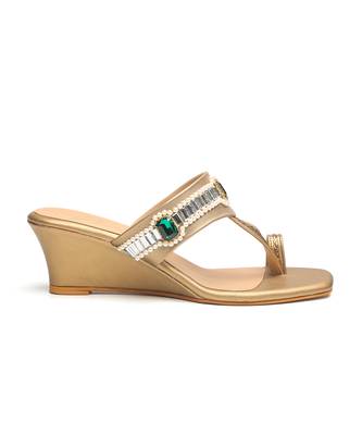 Antique gold faux leather finish wedges 3