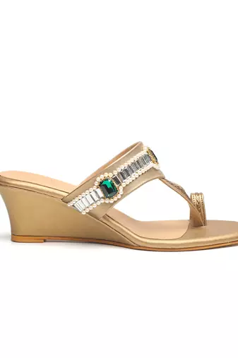 Antique gold faux leather finish wedges