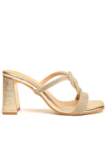 Gold faux leather finish block heel