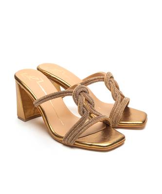 faux leather finish Antique gold block heel 2