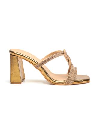 faux leather finish Antique gold block heel 4