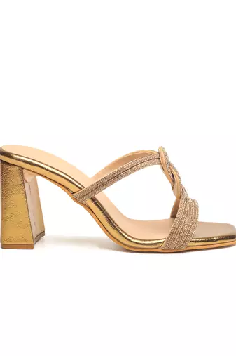 faux leather finish Antique gold block heel