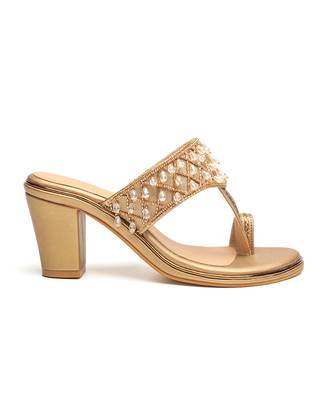 Antique gold faux leather finish Embroidred block heel 2