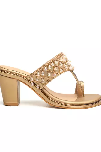 Antique gold faux leather finish Embroidred block heel
