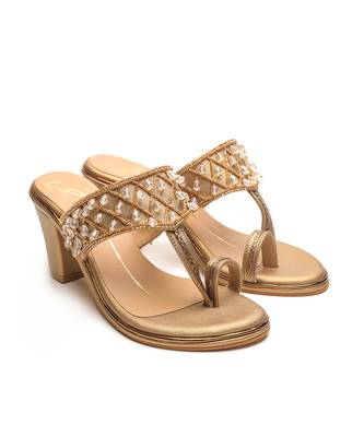 Antique gold faux leather finish Embroidred block heel 3