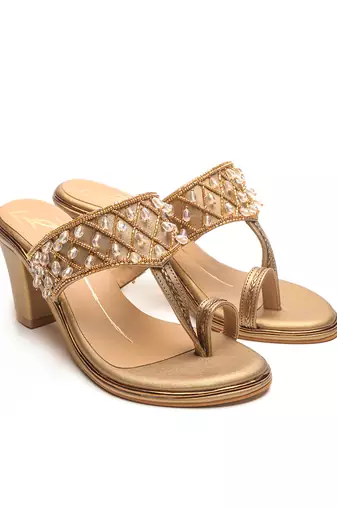 Antique gold faux leather finish Embroidred block heel