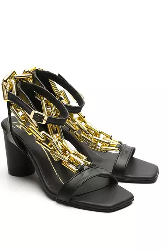 Black faux leather finish block heel