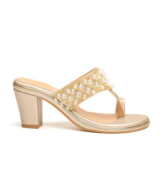 Gold faux leather finish Embroidred  block heel 1
