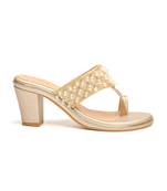 Gold faux leather finish Embroidred  block heel