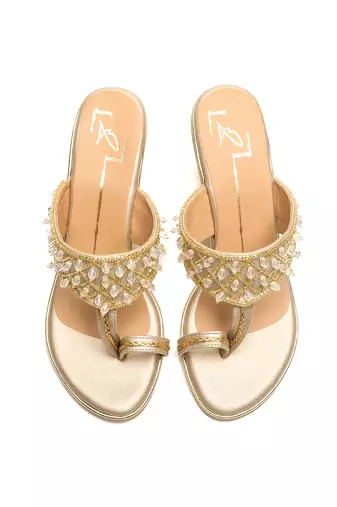 Gold faux leather finish Embroidred  block heel