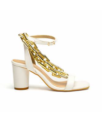 White faux leather finish block heel 1