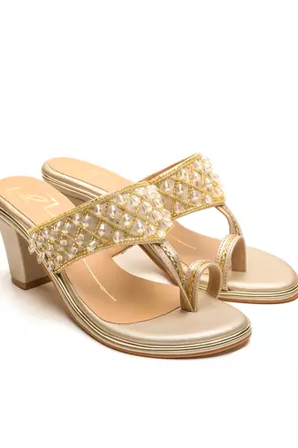 Gold faux leather finish Embroidred  block heel