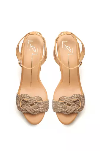 Beige faux leather finish block heel
