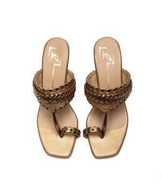 Antique gold faux leather finish block heel 1