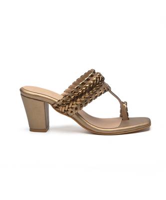 Antique gold faux leather finish block heel 2