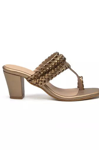 Antique gold faux leather finish block heel